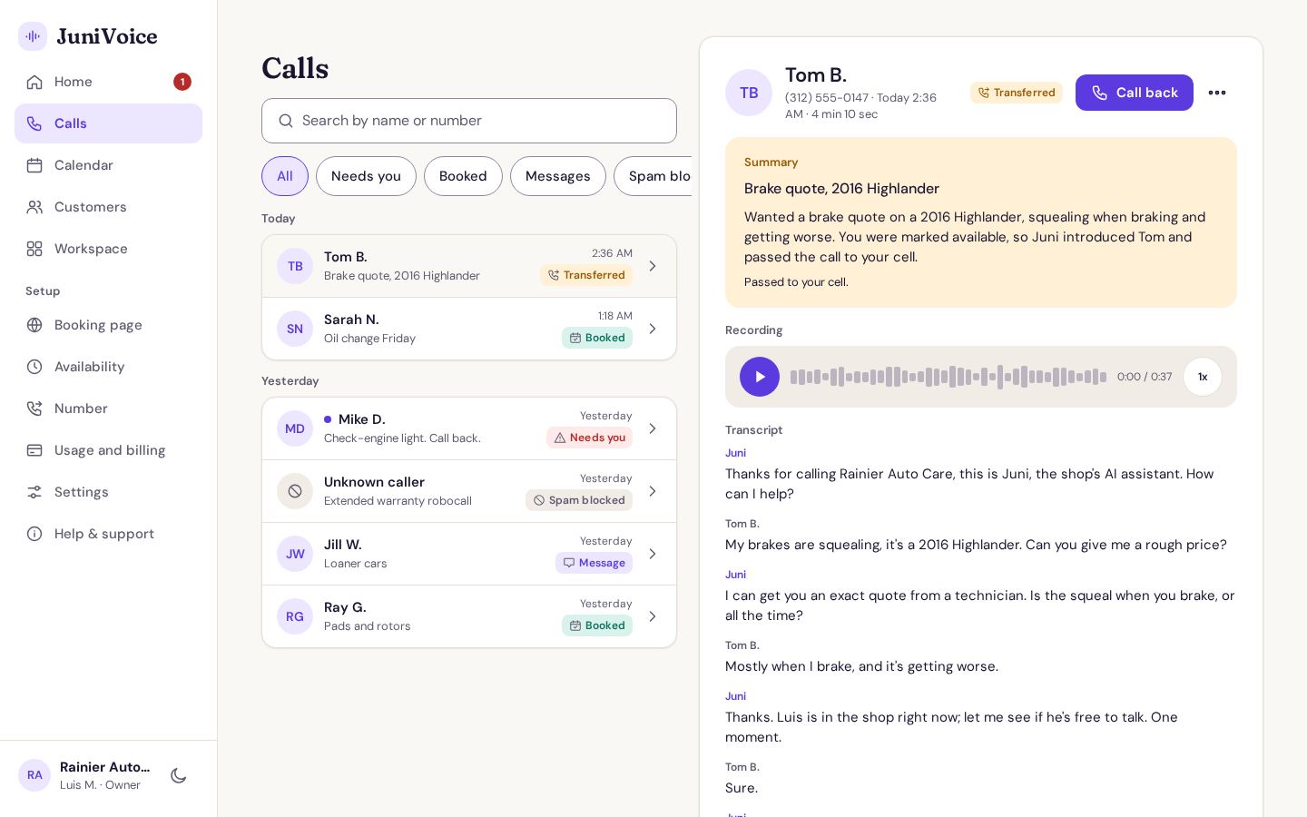 Rainier Auto CareでのTom B.さんの通話を、要約、録音、文字起こしと一緒に表示したJuniVoiceアプリ(サンプルデータ)