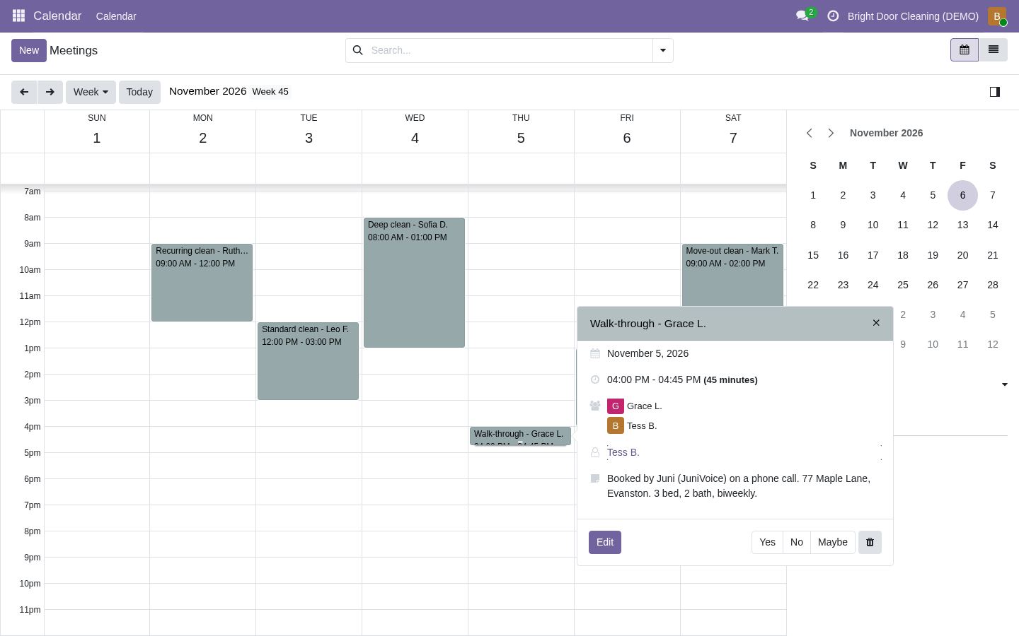 De agenda van de werkruimte van Bright Door Cleaning met de afspraak van Grace L. die Juni heeft geboekt, voorbeeldgegevens