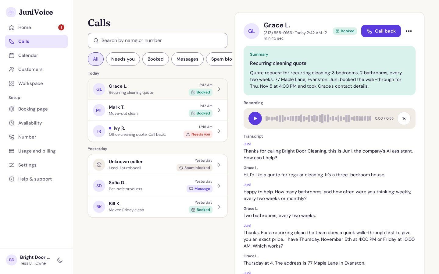 De JuniVoice-app met het gesprek van Grace L. bij Bright Door Cleaning, met de samenvatting, opname en uitgeschreven tekst, voorbeeldgegevens