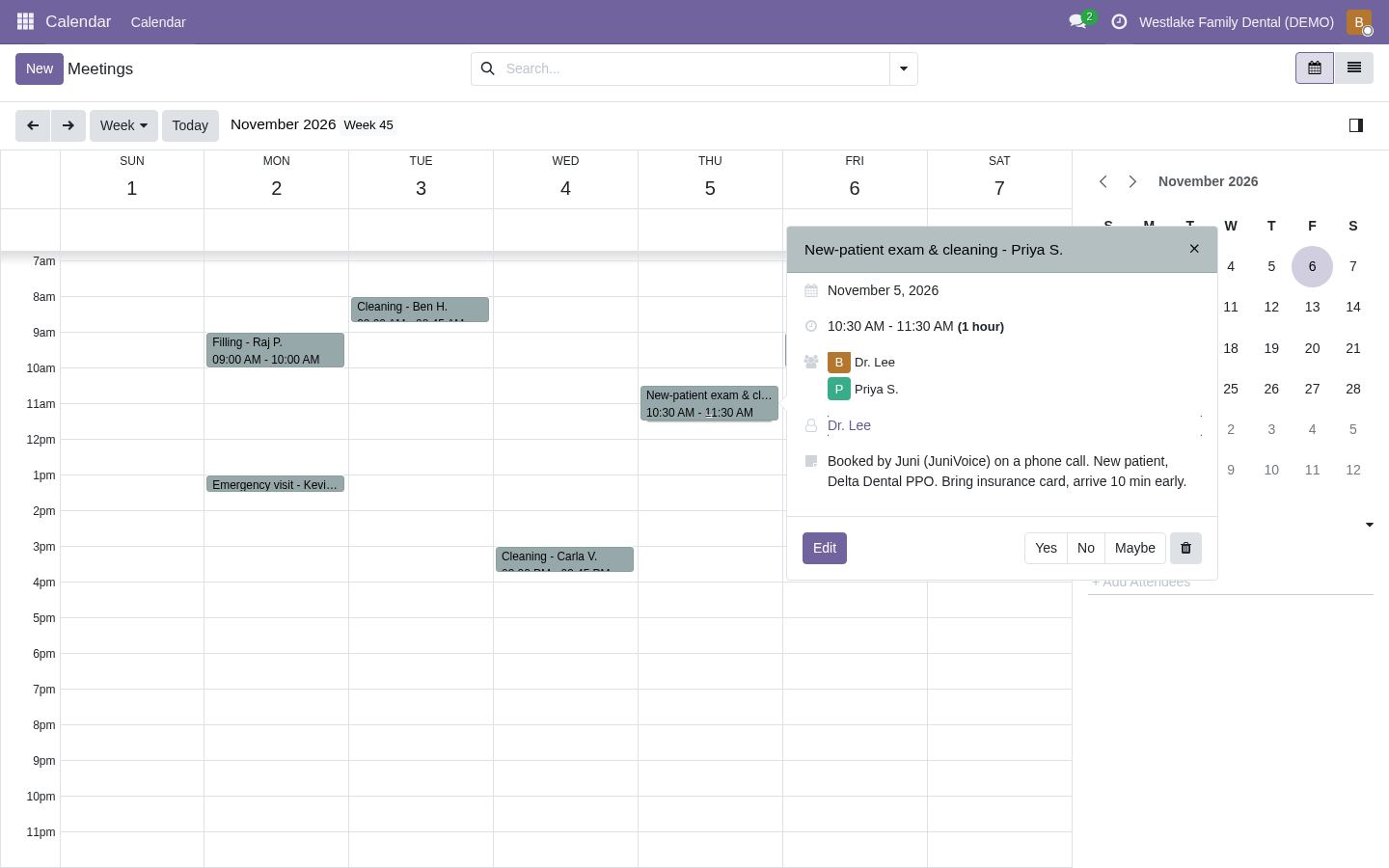 Kalender ruang kerja Westlake Family Dental dengan janji temu Priya S. yang dijadwalkan Juni, data contoh