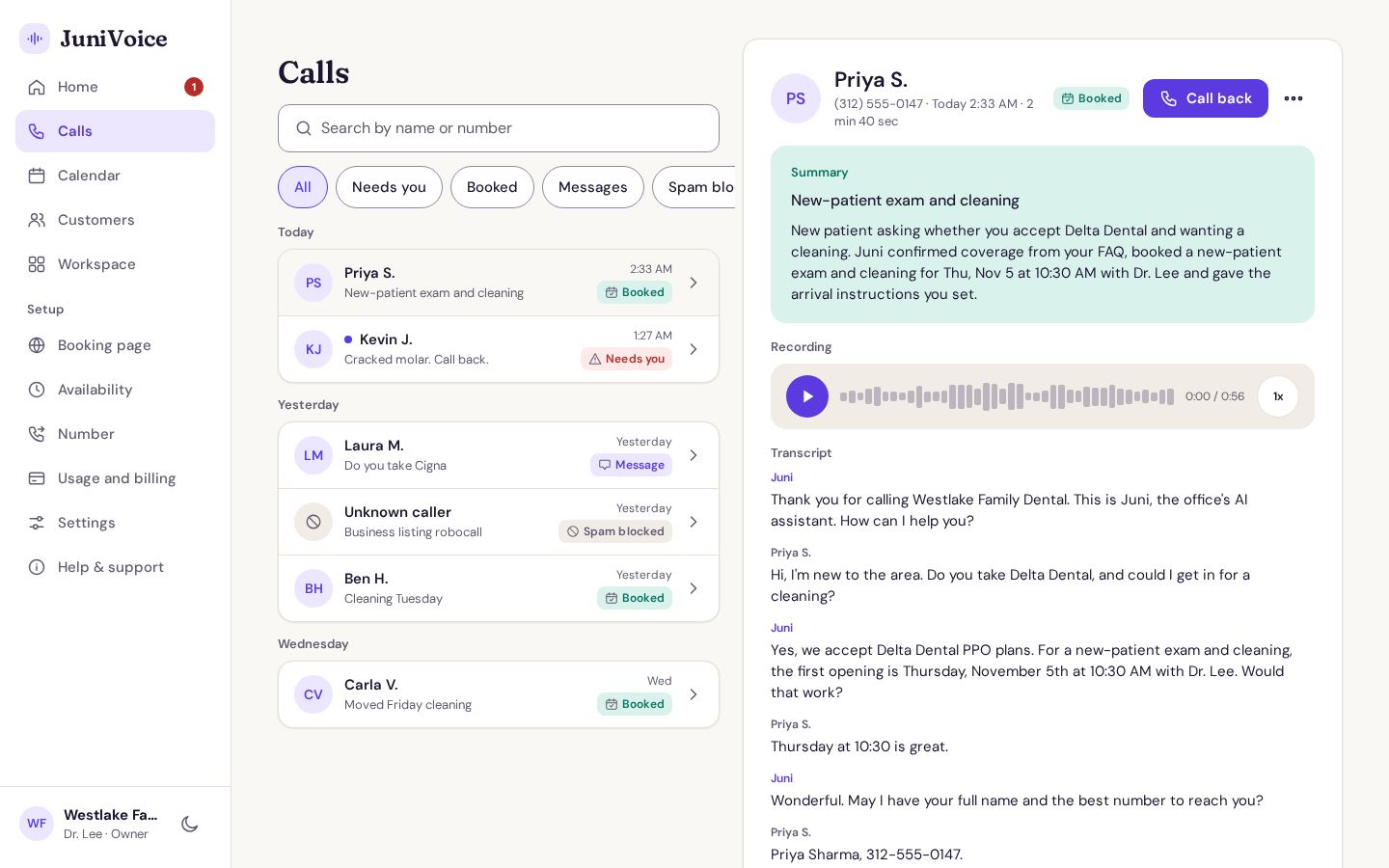 L'appli JuniVoice affichant l'appel de Priya S. chez Westlake Family Dental, avec son résumé, l'enregistrement et la transcription, données d'exemple