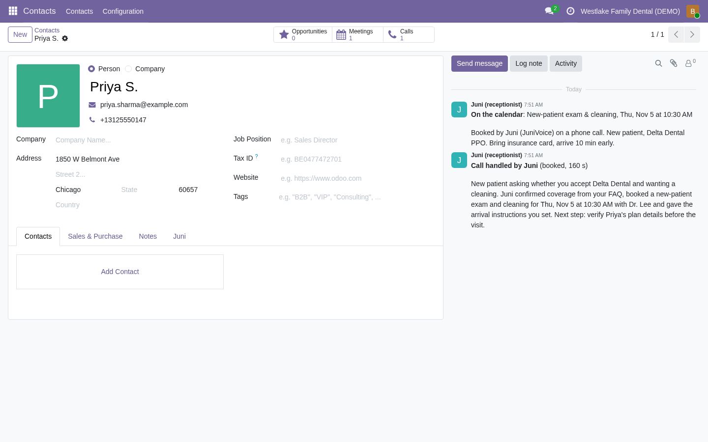 La fiche client de Priya S. dans l'espace de travail de Westlake Family Dental, avec les appels et les rendez-vous, données d'exemple