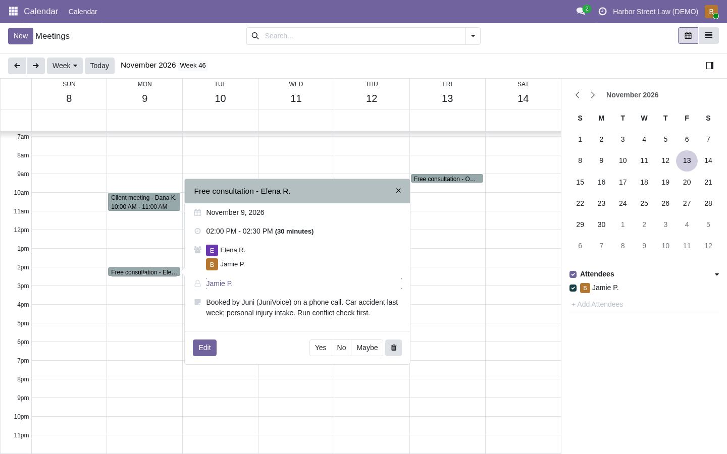 Kalender ruang kerja Harbor Street Law dengan janji temu Elena R. yang dijadwalkan Juni, data contoh