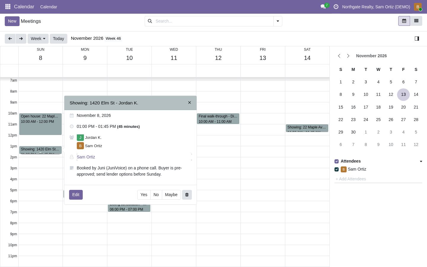 Il calendario dello spazio di lavoro di Northgate Realty, Sam Ortiz con l'appuntamento di Jordan K. prenotato da Juni, dati di esempio