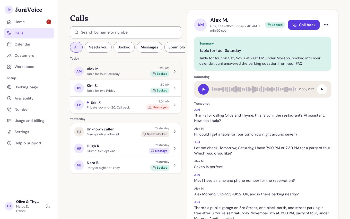 De JuniVoice-app met het gesprek van Alex M. bij Olive & Thyme, met de samenvatting, opname en uitgeschreven tekst, voorbeeldgegevens