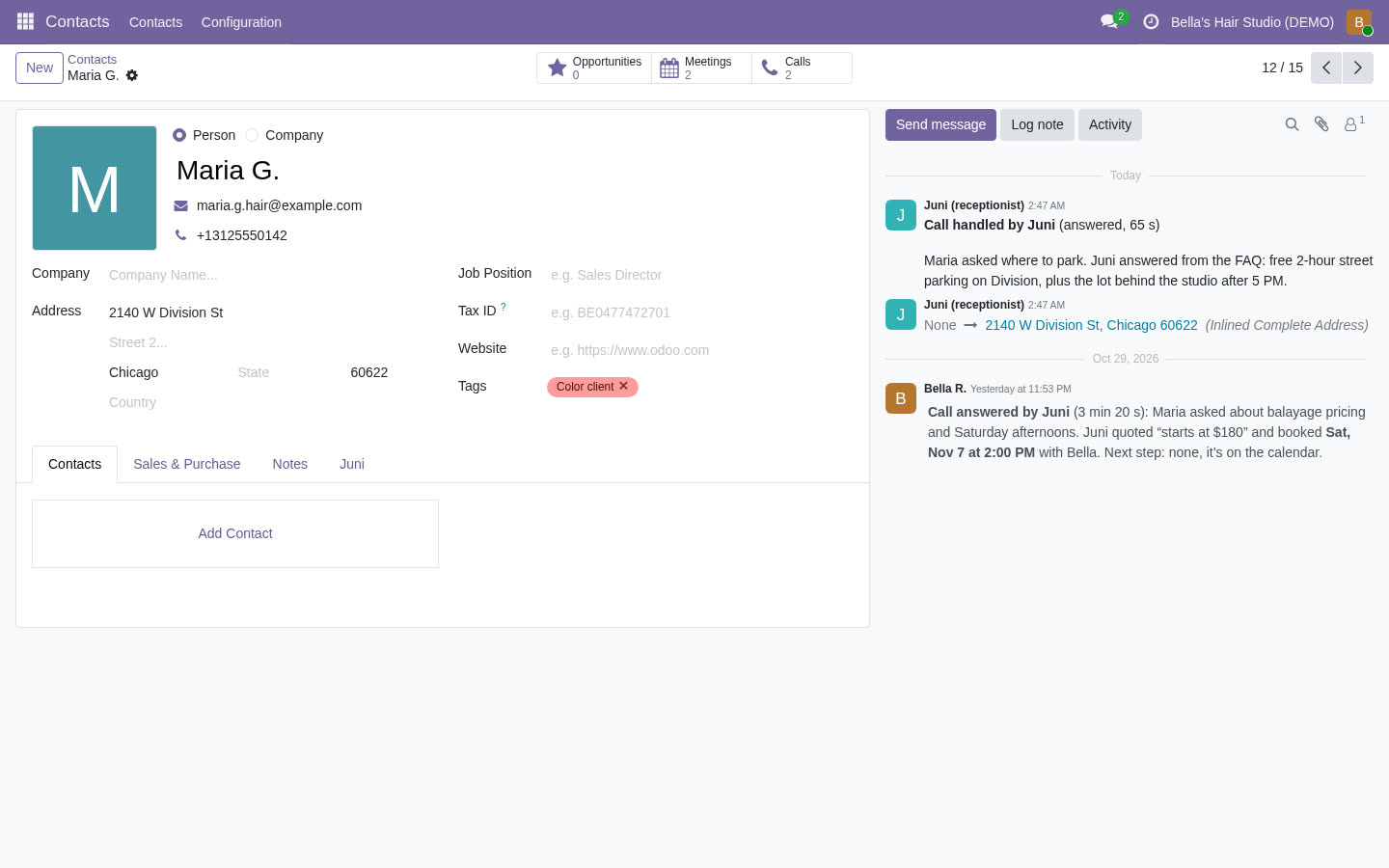 La scheda di un cliente nello spazio di lavoro con chiamate e appuntamenti, dati di esempio