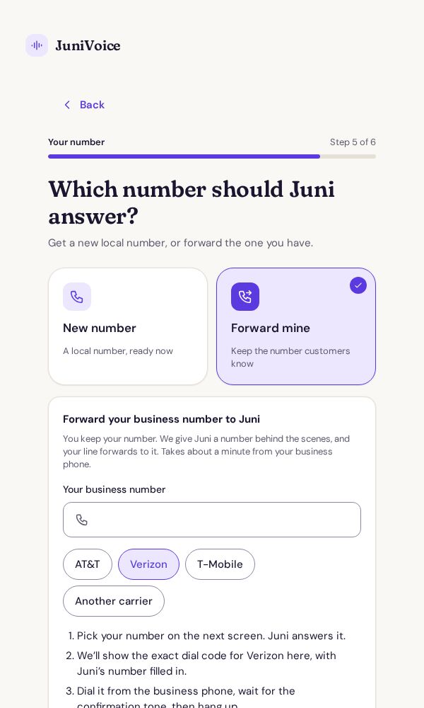 The setup screen for choosing a new number or forwarding your own, with carrier options