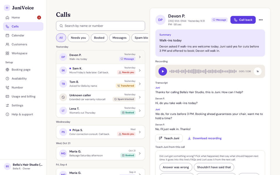 A call in the JuniVoice app with its summary, recording and transcript, sample data